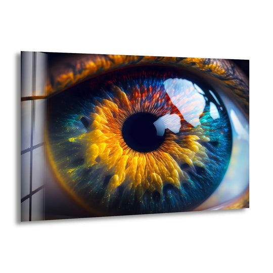 Subtle light dances on the fiery, abstract iris of this tempered glass wall art, creating a captivating shadowplay.