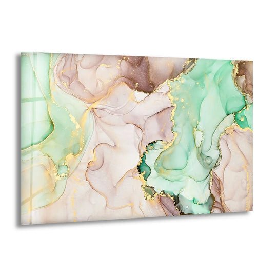 An abstract glass print features swirling geometric elements of mint green, pastel brown, and glittering gold.