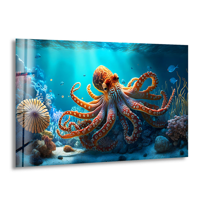Octopus Underwater Wall Art – Vibrant Coral Reef Ocean Scene Glass Print