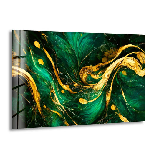 Swirling emerald green and gold abstract glass art creates a luxurious, fluid motion.