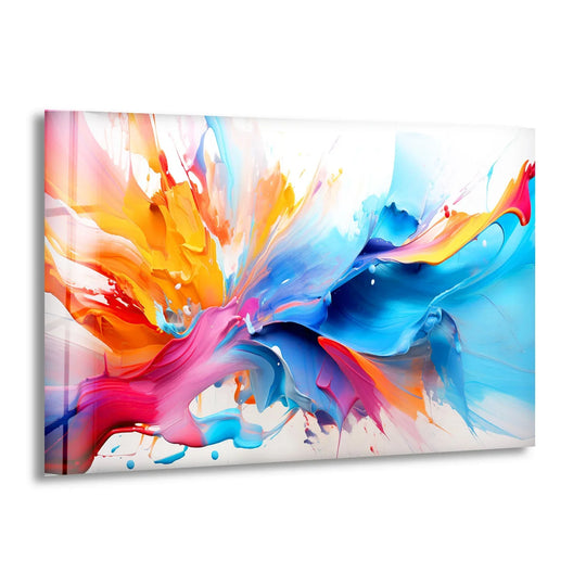 Sunlight dances across a vibrant glass printing of abstract colors, creating dynamic shadows within the vivid splashes.