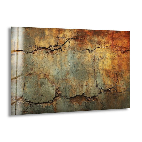Abstract home decor on glass features a distressed, textured surface with deep cracks and a blend of ochre, rust, and teal hues.