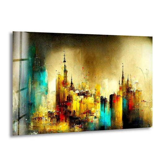Abstract cityscape wall art - golden and teal urban glass print design featuring the loudest element of vibrant color splashes.