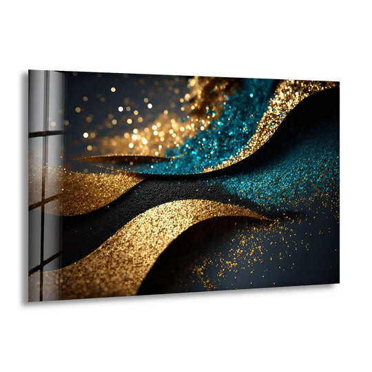 Captivating decorative wall art evoking a luxurious and glamorous mood with shimmering gold and teal glitter waves.