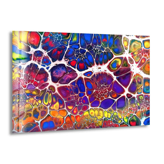 Vibrant, cool blues and warm oranges blend in this energetic glass wall artwork with a captivating fractal design.
