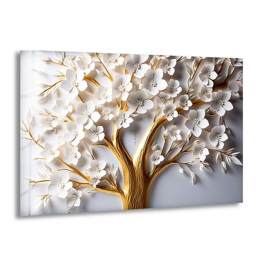 Horizontal rectangular glass print features a golden blooming tree with white flowers for home decoration in an elegant design.