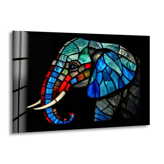 Stained wall art featuring a vibrant blue elephant in a stained glass style and an animal glass print design ideal as colorful animal themed wall decor