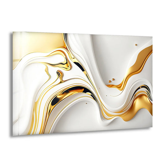 Flowing white and gold abstract glass art painting creates a dynamic visual rhythm with its liquid-like forms.