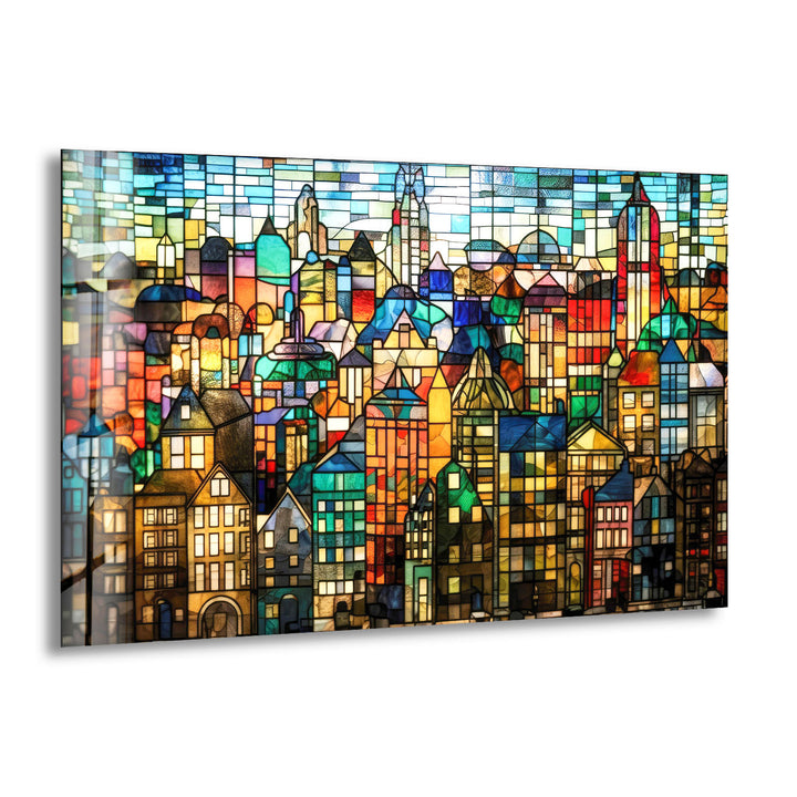 Bunte Stadtwandkunst aus Buntglas – Urban Skyline Glasdruck-Design
