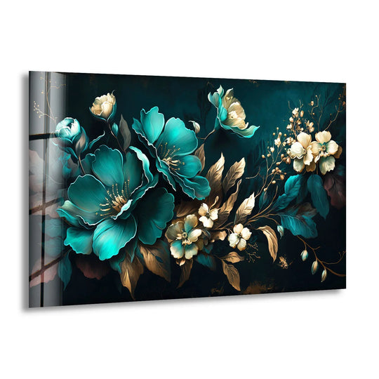Horizontal rectangular teal and gold floral glass print showcases elegant botanical home decor with luxurious floral patterns against a dark backdrop.