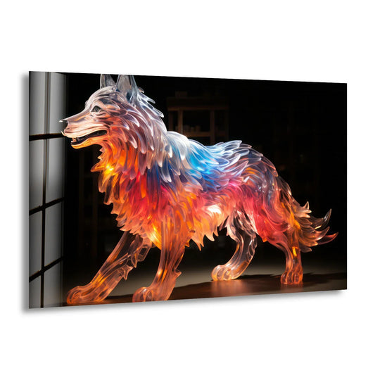 Glowing wolf wall art prints feature a translucent, fiery glass sculpture with vibrant red, orange, and blue hues.