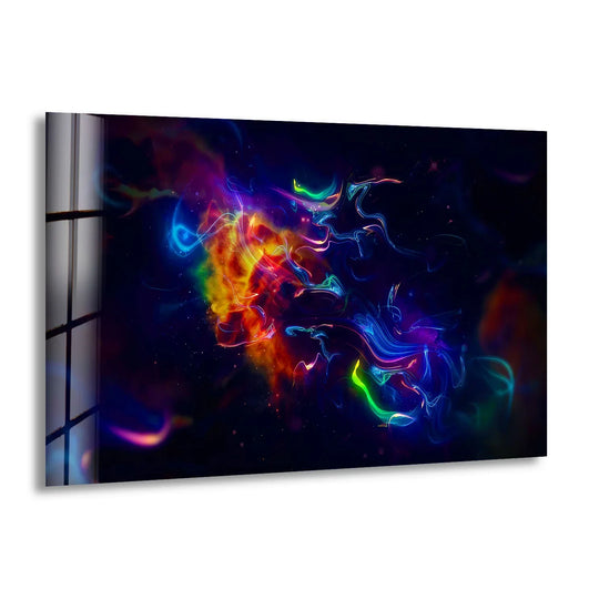 Vibrant neon energy swirls burst with intense color saturation on this cosmic abstract glass printing.