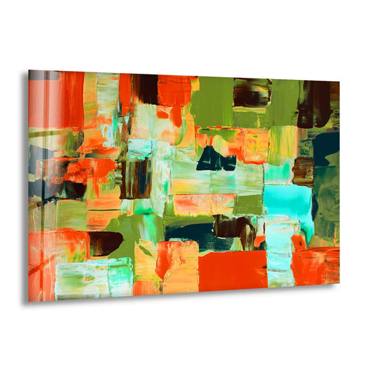 This abstract glass print wall art showcases bold blocks of color with visible layers and depth, creating a vibrant, textured effect.