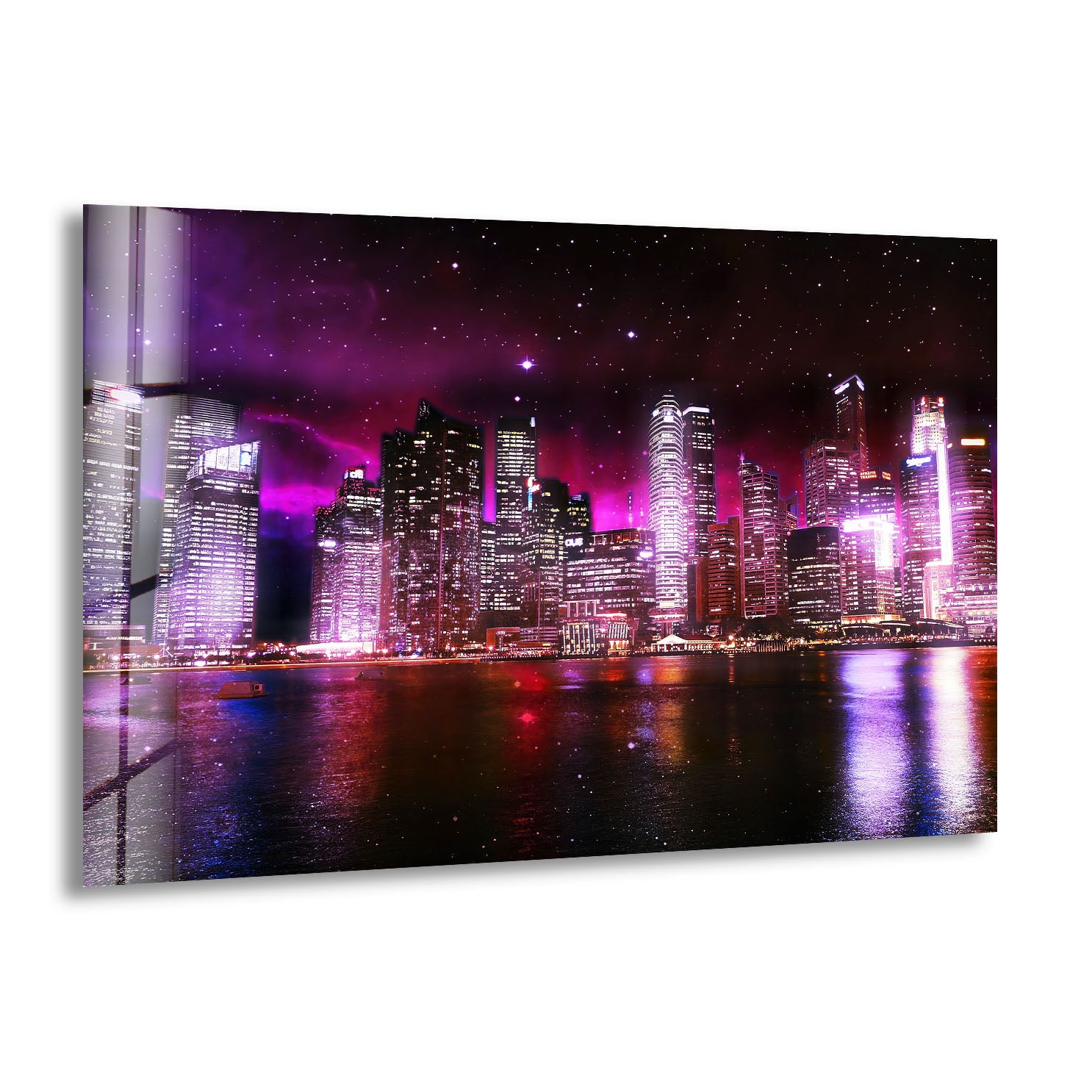 Futuristic Cityscape Wall Art – Neon Skyline Glass Print with Galaxy Night View