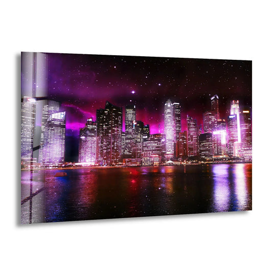 Dramatic negative space surrounds the neon skyline in this captivating glass wall artwork, enhancing the futuristic cityscape wall art with its vibrant galaxy night view.