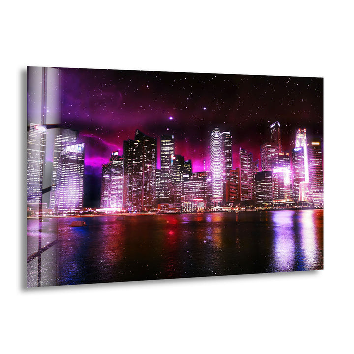 Futuristic Cityscape Wall Art – Neon Skyline Glass Print with Galaxy Night View