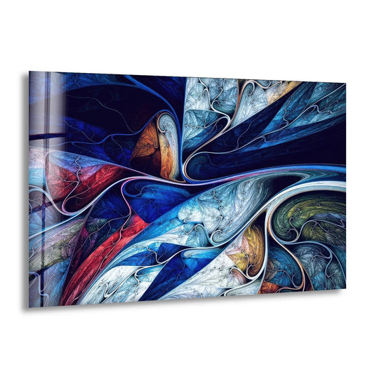 Glass wall art decor featuring a smooth, reflective finish with vibrant fractal patterns.