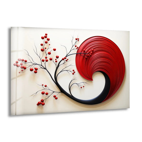 Red Abstract Botanical Wall Art – Modern Glass Decor with Cherry Elements - MyPhotoStation