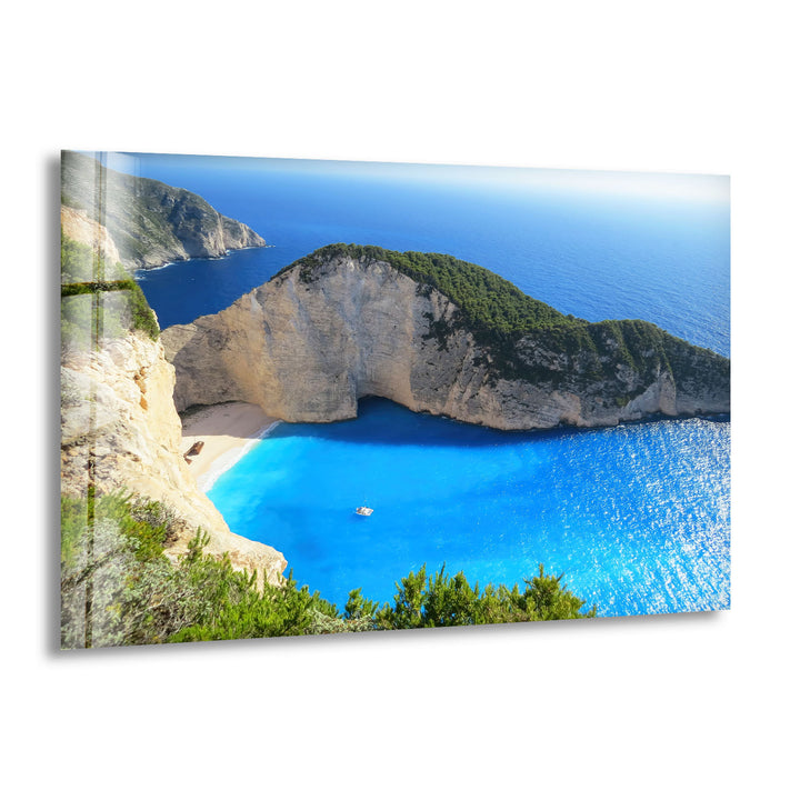 Navagio Beach Wall Art – Stunning Blue Coast Glass Print of Zakynthos Bay for Coastal and Modern Interiors