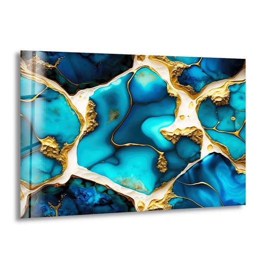 A serene glass wall art decor piece featuring tranquil sapphire blue agate forms interlaced with veins of shimmering gold.