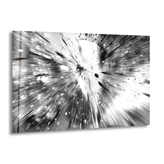 Abstract black and white glass wall art decor transitions from deep monochrome to stark white bursts of light.