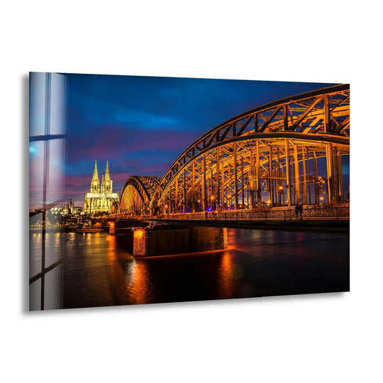 City Prints glass wall art illuminated bridge and Cologne Cathedral cityscape scene and modern interiors and travel lovers decor