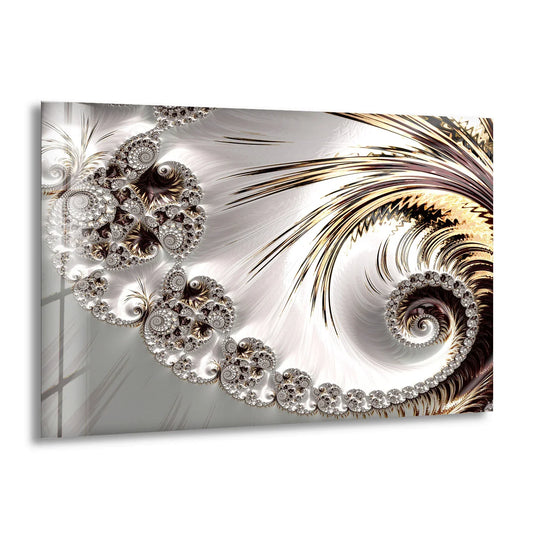 A mesmerizing abstract glass print shows a transition from pearly white to rich gold within a unique modern wall decor spiral.
