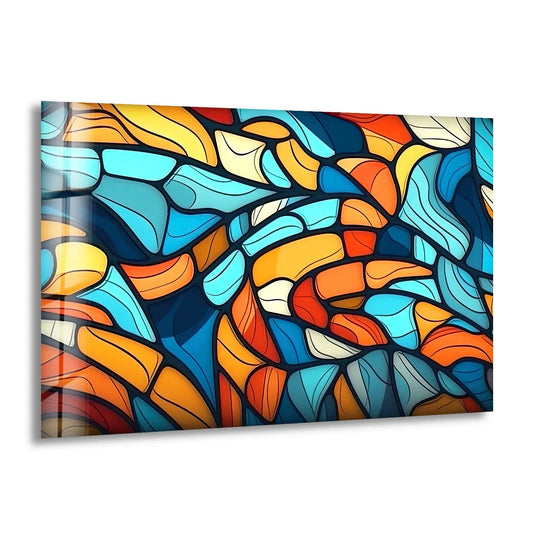 Abstract glass wall art features layered mosaic pieces in vibrant blues and oranges creating a sense of depth on these wall prints.