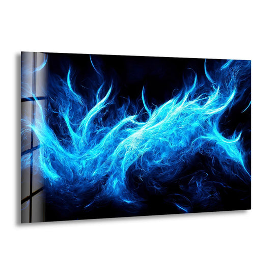 Electric blue energy swirls and dances across this stunning glass wall artwork, creating a dynamic sense of movement.