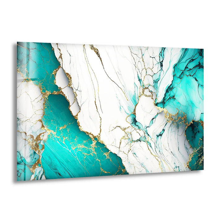 Teal and White Marble Wall Art – Luxury Abstract Glass Print with Gold Veins for Modern Interiors - MyPhotoStation