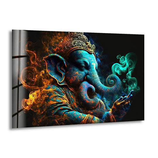 Textured surface of this spiritual Ganesha vibrant Hindu deity glass print wall art reveals a luminous depth in the colorful, swirling patterns, giving the print wall art a stunning finish.