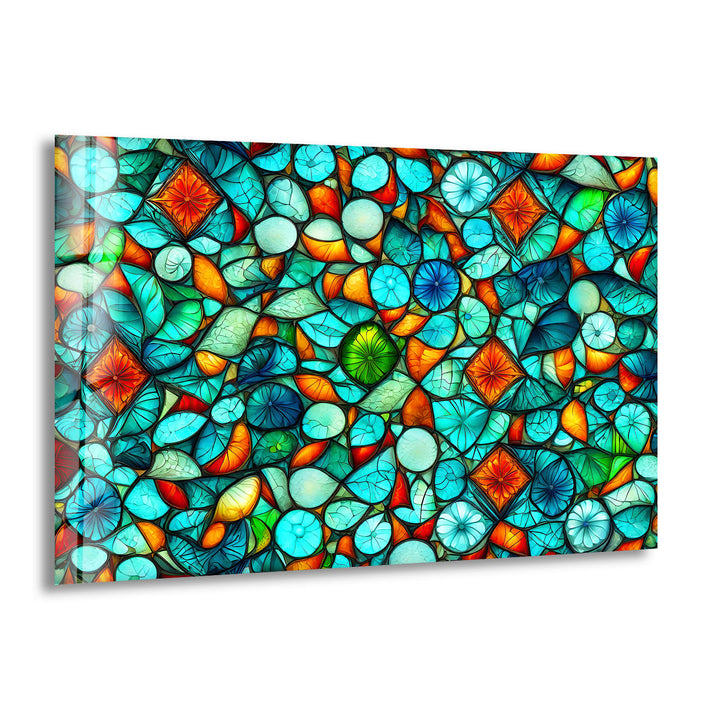 Lebendige Buntglas-Wandkunst – Abstraktes Mosaikmuster in Türkis und Orange