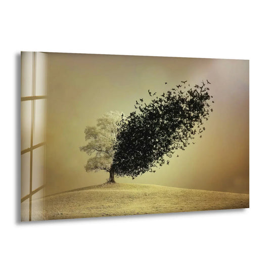 Highlighting the dramatic color contrast, this surreal tree dissolving into birds minimalist nature glass print adds stunning home decor to any space.