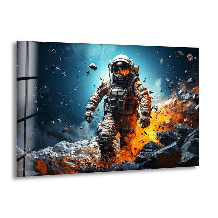 Explodierende Astronauten-Wandkunst – Weltraum-Feuer- und Steinglasdruck für mutige Innenräume