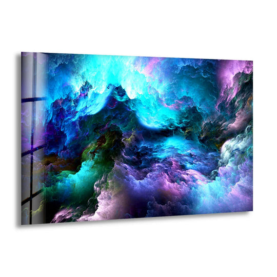 Abstract glass wall prints feature a vibrant, swirling cosmic nebula cloud in dynamic shades of electric blue and amethyst.