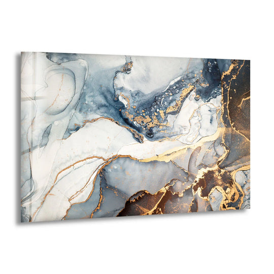 Captivating blue and gold abstract marble forms swirl and flow across this stunning glass wall artwork.