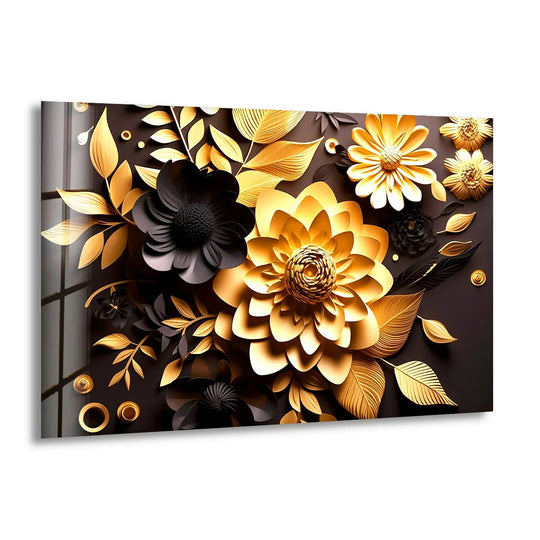 Transitioning elegantly between gold and black, this floral golden bloom hanging wall art features a luxurious, dimensional flower design printed on tempered glass.