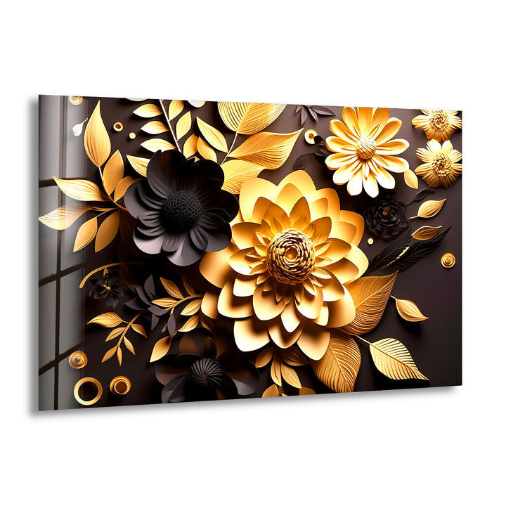 Golden Bloom Florale Wandkunst – Dekor aus gehärtetem Glas in Schwarz und Gold