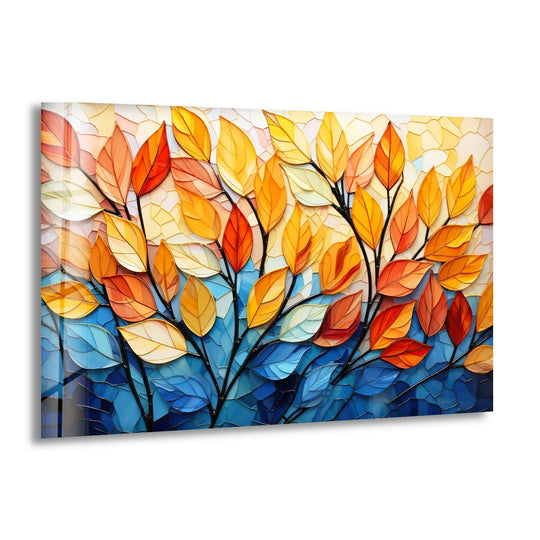 Delicate glass printing captures the softest blush of blush and golden autumn leaves against a cool blue watercolor backdrop.