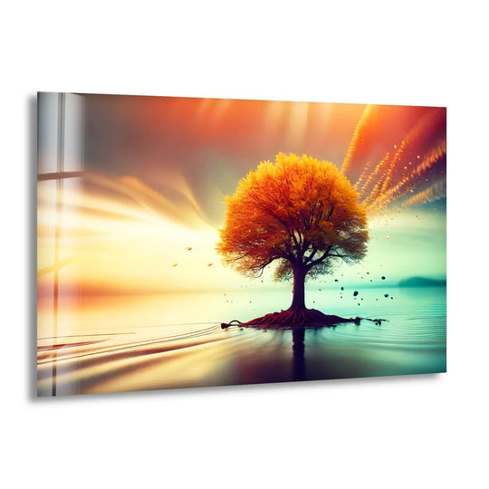 Bathed in light, the brightest area highlights the serene landscape of this floating autumn tree design created with exceptional glass printing.