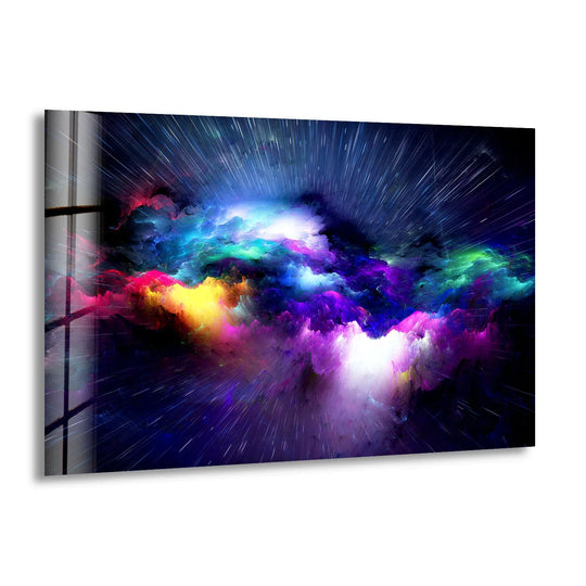 Abstract glass printing depicting a vibrant, explosive galaxy with a sense of cosmic motion.