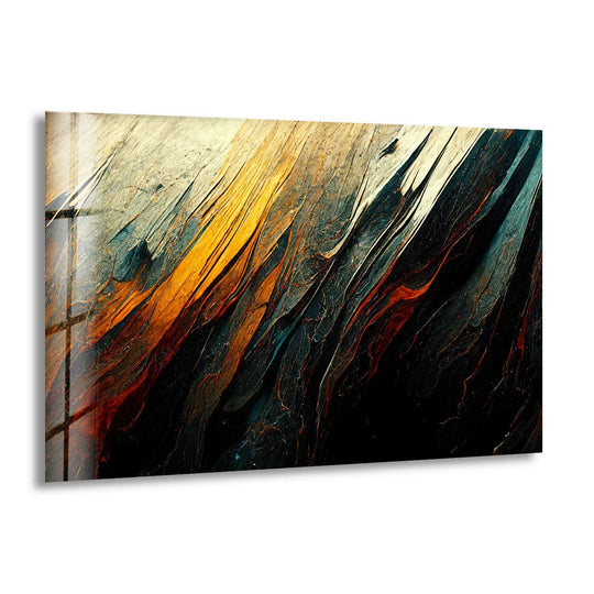 Geometric shards of fiery orange and deep blue abstract lava texture dominate this glass wall art, perfect for modern wall prints.