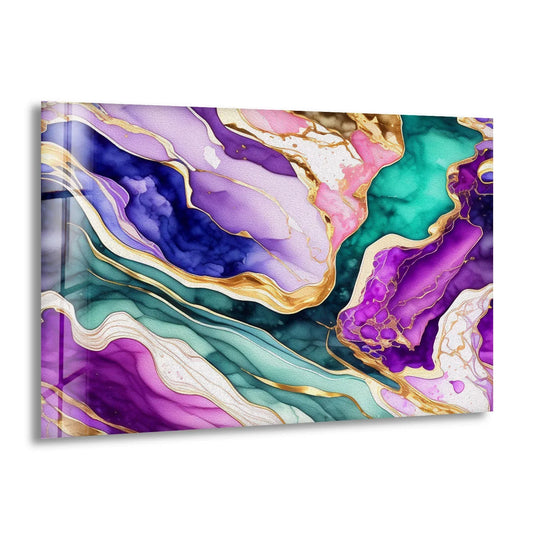 Abstract waves of purple and teal marble swirl with gold veins in this best glass art piece.