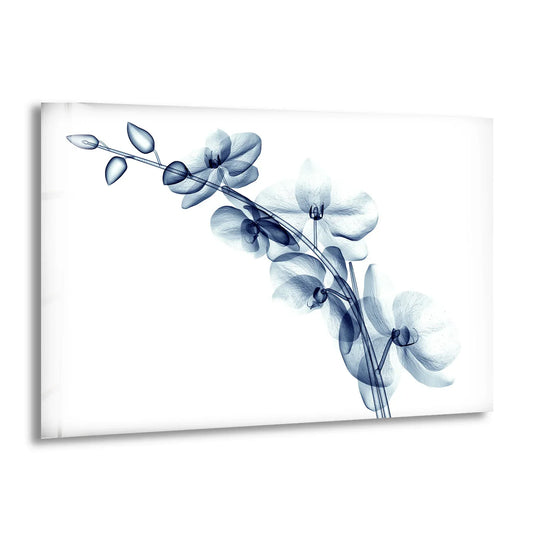 Cool color temperature highlights the delicate details of this blue orchid glass art painting, bringing a serene touch to the transparent floral artwork.