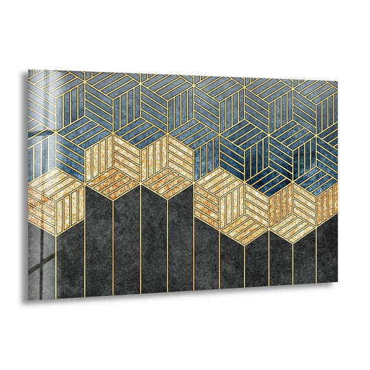 A modern art from glass featuring saturated geometric cubes in navy, gold, and black tones with a subtle textured finish.