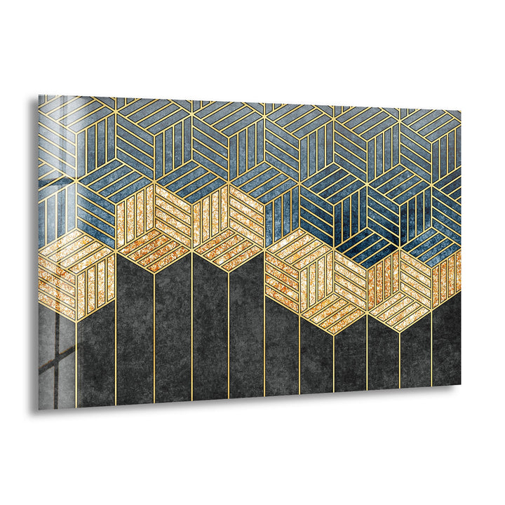 Goldene geometrische Wandkunst – Moderner Glasdruck mit Blau- und Schwarztönen 