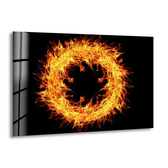 Fiery ring glass art painting casts dramatic shadows and highlights within its glowing circle of flame.