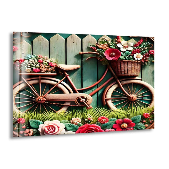 A vintage bicycle overflowing with vibrant flowers, rendered on unique modern wall decor.