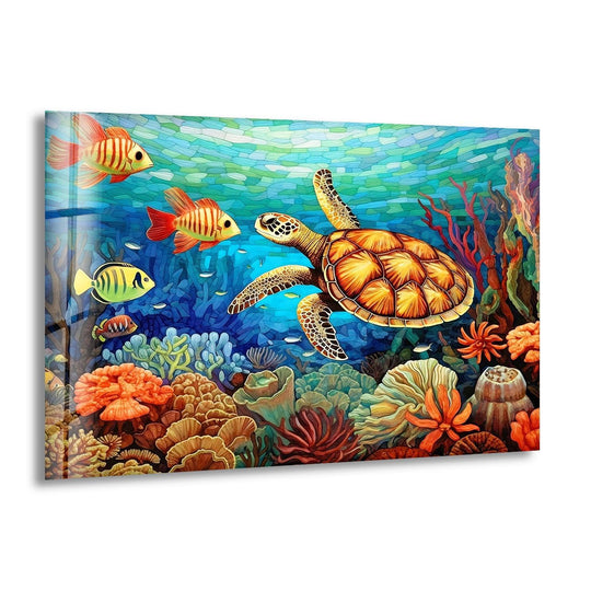 A majestic sea turtle glides through layered underwater blues and vibrant corals, showcased in this stunning glass wall art.