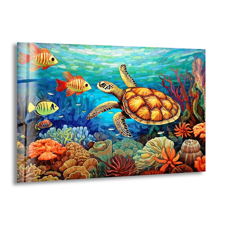 Sea Turtle & Fishes Underwater Glass Wall Art large glass photo prints, glass wall photos
